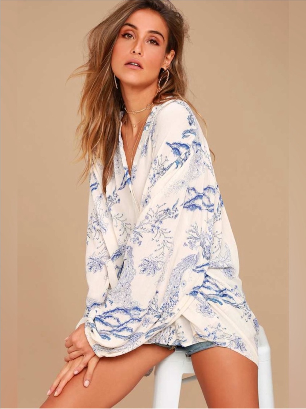 Free People White Tunic Blue Print Boho Flowy Oversized Metallic Blooms Small